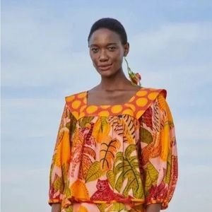FARM Rio Tropical Top Summer Dream Square Neck Blouse 3/4 Puff Sleeve Size xl